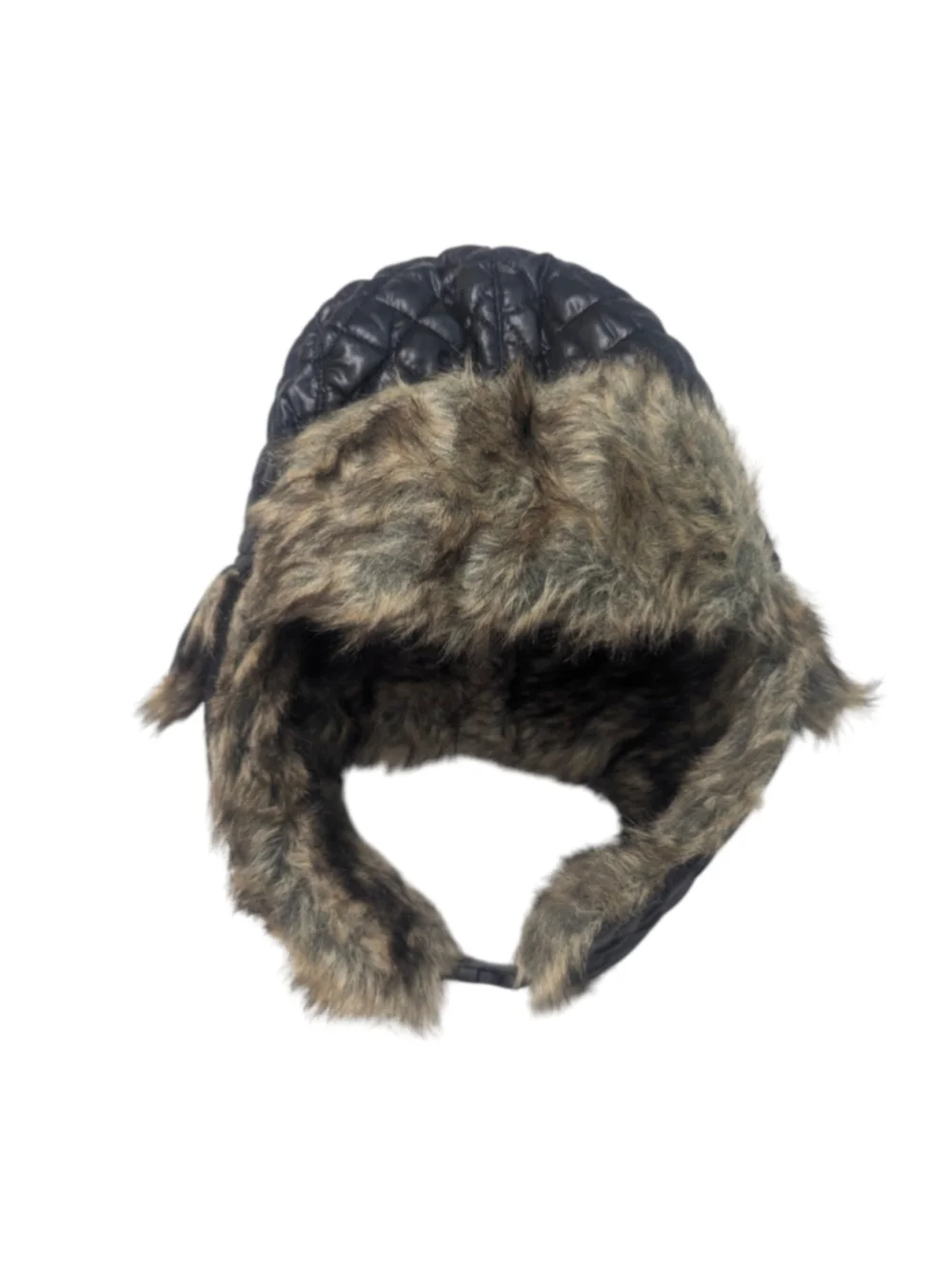 POP Headwear Quilted Trapper Hat Black Faux Fur Ear Flaps One Size